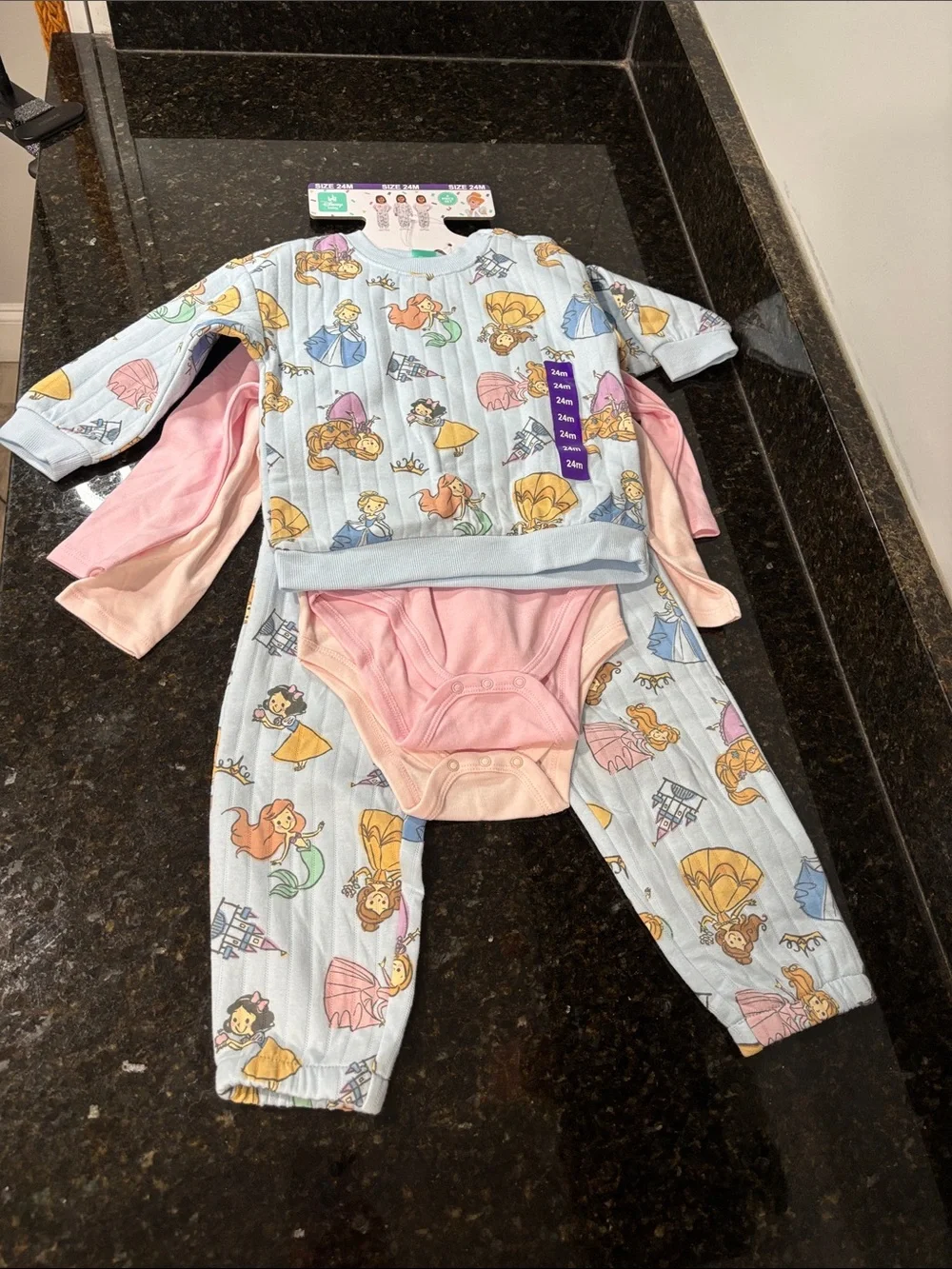 DISNEY Baby NWT 4-piece set, crew sweatshirt, matching pants, 2 bodysuits
